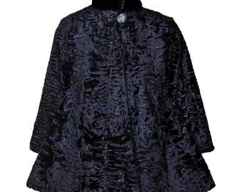 Luxury Women's Black Persian Lamb Fur Swing Coat With Mink Collar - Real Swakara Long Fur Overcoat - Handmade Winter Jacket - Gift For Her