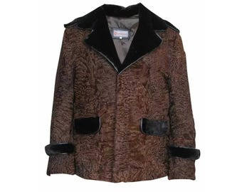 Men’s Luxury Brown Persian Lamb Fur Coat - Genuine Mink Fur Trim on Collar, Shoulder & Cuff - Real Fur Overcoat - Custom Sizes Gift for Him