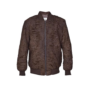 Men&#39;s Brown Real Broadtail Astrakhan Sport Baseball Bomber Style Jacket Coat With Ribbon On Collar Cuffs And Bottom All sizes Custom Made