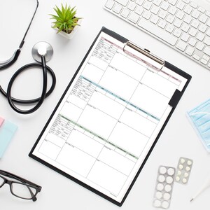 May include: A medical workspace with a stethoscope, clipboard, keyboard, face mask, and thermometer. Also included are eyeglasses, sticky notes, a small plant, and medication. The items are arranged on a white surface.