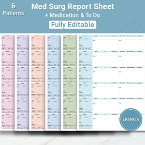 Editable Med Surg Report Sheet 6 Patient Nurse Report Sheet ICU Nursing Brain Nurse Shift Report Sheet RN Nurse Handoff Charting Canva & PDF