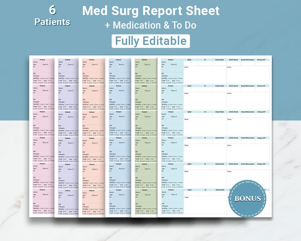 Bearbeitbares Med Surg Report Sheet 6 Patient Nurse Report Sheet ICU Nursing Brain Nurse schicht Prozessbeantworte RN Nurse Handoff Charting Canva & PDF