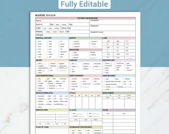 May include: A printable nursing brain sheet with sections for patient background, medical history, safety, labs, and to-do lists. The sheet includes the text "Nursing Brain Sheet +Medication & To Do Fully Editable."