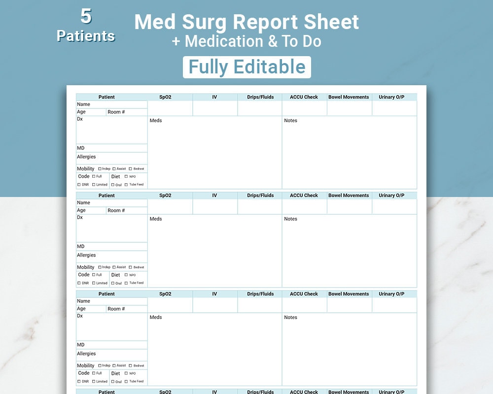 Editable Nurse Report Sheet 5 Patient Nursing Brain W/ Hourly Rounding ...