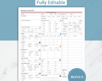 Editable Telemetry Nurse Report Sheet Cardiac Report Sheet Nursing Brain Sheet Med Surg Report Sheet Icu Patient Report W/ Meds & Vent Canva