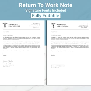 Nota de excusa médica editable para regresar al trabajo con firma Nota médica para el trabajo y la escuela Nota de excusa Carta de excusa médica Canva Word Google Docs