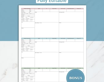 May include: A white nursing report sheet with sections for patient information, SpO2, IV, strips/fluids, ACCU-check, bowel movements, and urinary output. The sheet is labeled "Fully Editable" and includes a "BONUS" sticker.