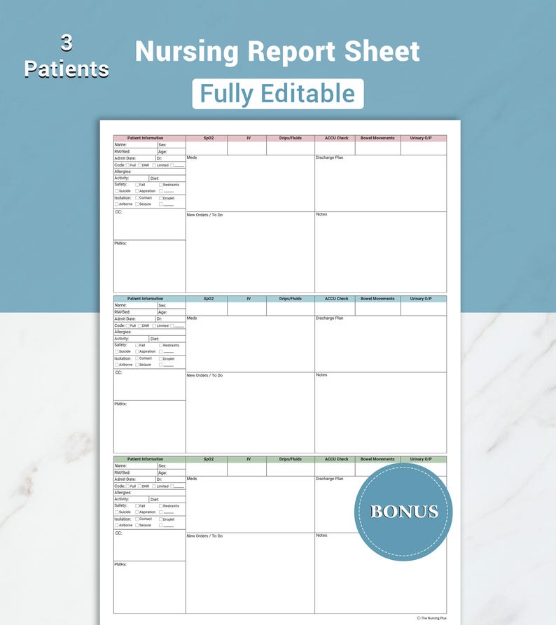 May include: A white nursing report sheet with sections for patient information, SpO2, IV, strips/fluids, ACCU-check, bowel movements, and urinary output. The sheet is labeled "Fully Editable" and includes a "BONUS" sticker.