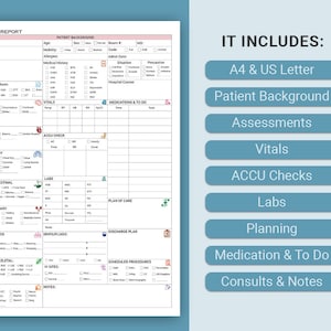 May include: A printable nurse report form in A4 and US Letter sizes. The form includes sections for patient background, assessments, vitals, ACCU checks, labs, planning, medication and to do, and consults and notes.