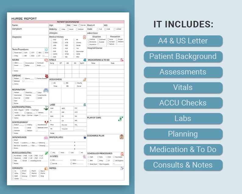 May include: A printable nurse report form in A4 and US Letter sizes. The form includes sections for patient background, assessments, vitals, ACCU checks, labs, planning, medication and to do, and consults and notes.