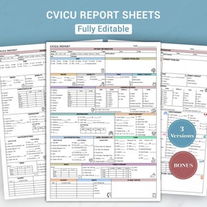 以下が含まれることがあります： 「CVICU REPORT SHEETS」と「Fully Editable」のテキストが入った3枚のCVICUレポートシート。シートには、患者情報、神経、可動性、痛み、心臓デバイスのセクションがあります。ボーナスステッカーには「3 Versions」と書かれています。