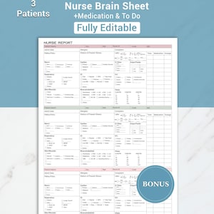 May include: A printable nurse brain sheet with sections for patient information, vital signs, and medication details. The document includes the text "Nurse Brain Sheet +Medication & To Do Fully Editable" and a "BONUS" label.