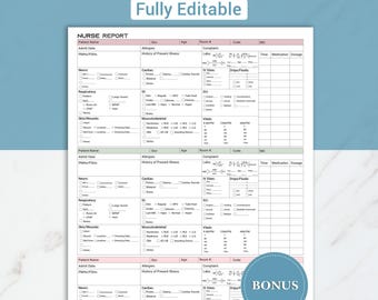Editable 3 Patient Nursing Report Sheet W/ Hourly Rounding, Med Surg Nurse Brain Sheet Multi Patient ICU Report Sheet Nursing Handoff Report