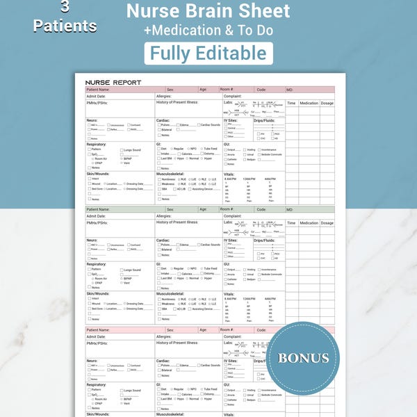 Editable 3 Patient Nursing Report Sheet W/ Hourly Rounding, Med Surg Nurse Brain Sheet Multi Patient ICU Report Sheet Nursing Handoff Report