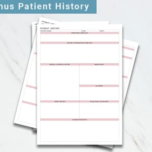 May include: A blank patient history form with sections for patient name, date of birth, date, presenting complaint, history of presenting complaint, medical and surgical history, medications, allergies, family history, social/daily life history, and examination/notes.