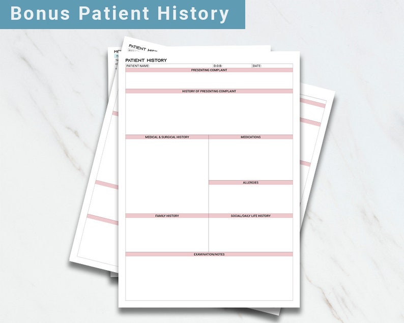 May include: A blank patient history form with sections for patient name, date of birth, date, presenting complaint, history of presenting complaint, medical and surgical history, medications, allergies, family history, social/daily life history, and examination/notes.