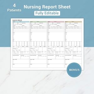 Editable Med Surg Nursing Brain Sheet 4 Patients Nurse ER Report Sheet ICU Nurse Shift Hand Off Report Sheet RN W/ Meds, Labs & Hourly To Do