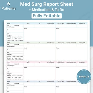 Med Surg Nurse Brain Sheet 6 Patient Nursing Report Sheet RN Nursing Shift Handoff Report Sheet Nurse Charting Medication & To Do Editable