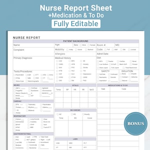 Editable Nursing Report Sheet Medsurg Nurse Brain Sheet ICU Report Sheet RN Telemetry Nurse Report Sheet Med Surg w/ Meds & To-Do Canva, PDF