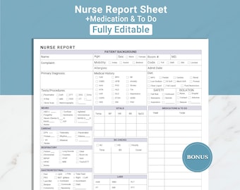 Editable Nursing Report Sheet Medsurg Nurse Brain Sheet ICU Report Sheet RN Telemetry Nurse Report Sheet Med Surg w/ Meds & To-Do Canva, PDF