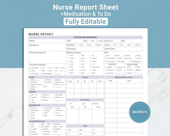 Editable Nursing Report Sheet Medsurg Nurse Brain Sheet ICU Report Sheet RN Telemetry Nurse Report Sheet Med Surg w/ Meds & To-Do Canva, PDF