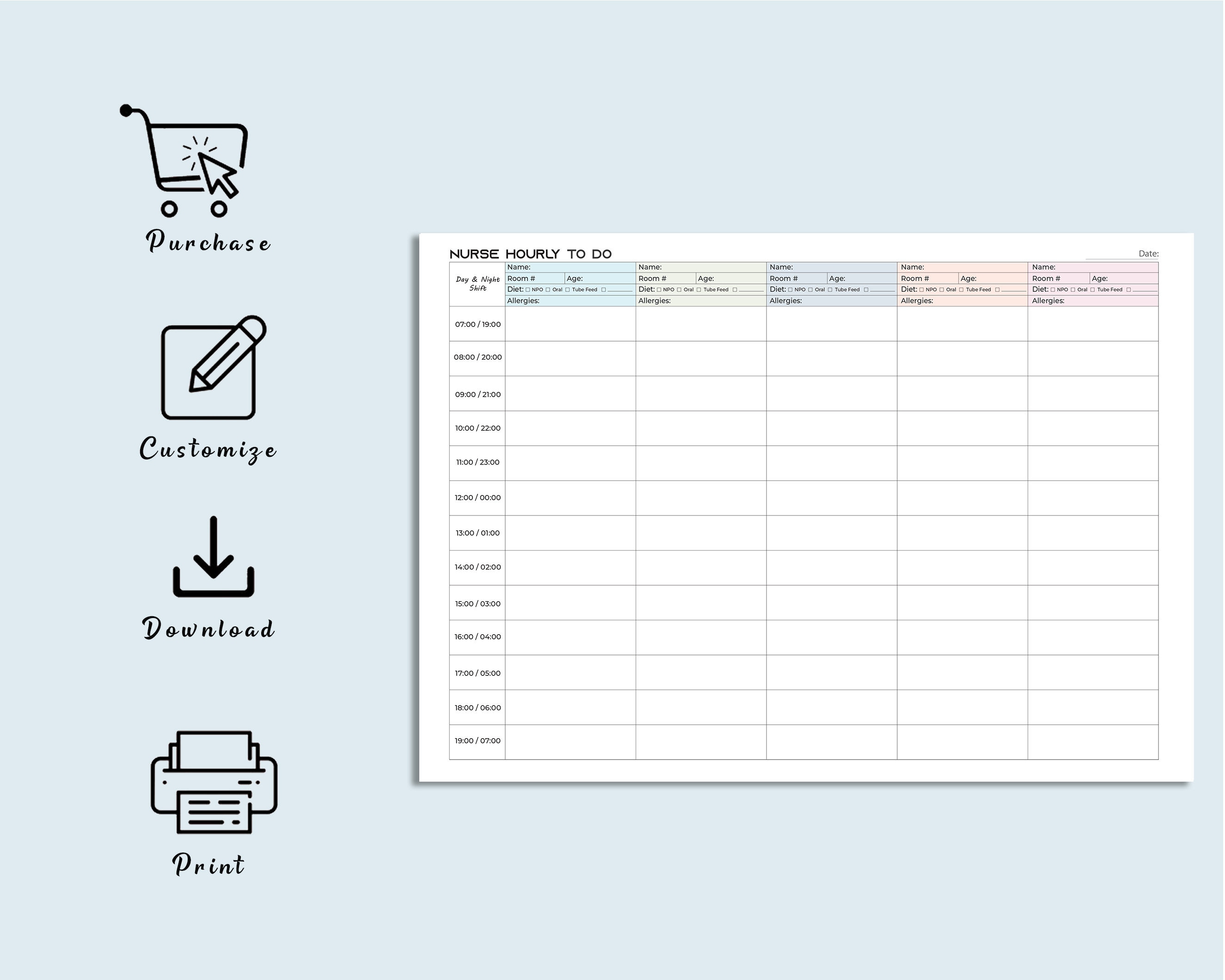 Editable Hourly Nursing Shift Planner, 5 Patient Nursing Medication ...