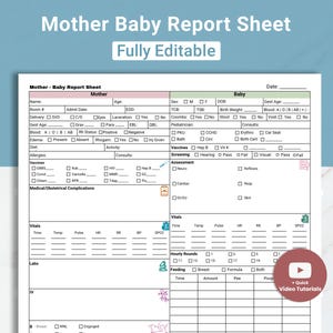 Scheda di rapporto infermieristica madre-bambino modificabile Scheda di rapporto infermieristica Medsurg/postpartum Scheda di rapporto infermieristica per il passaggio di consegne/parto Scheda di rapporto sul cervello dell'infermiere