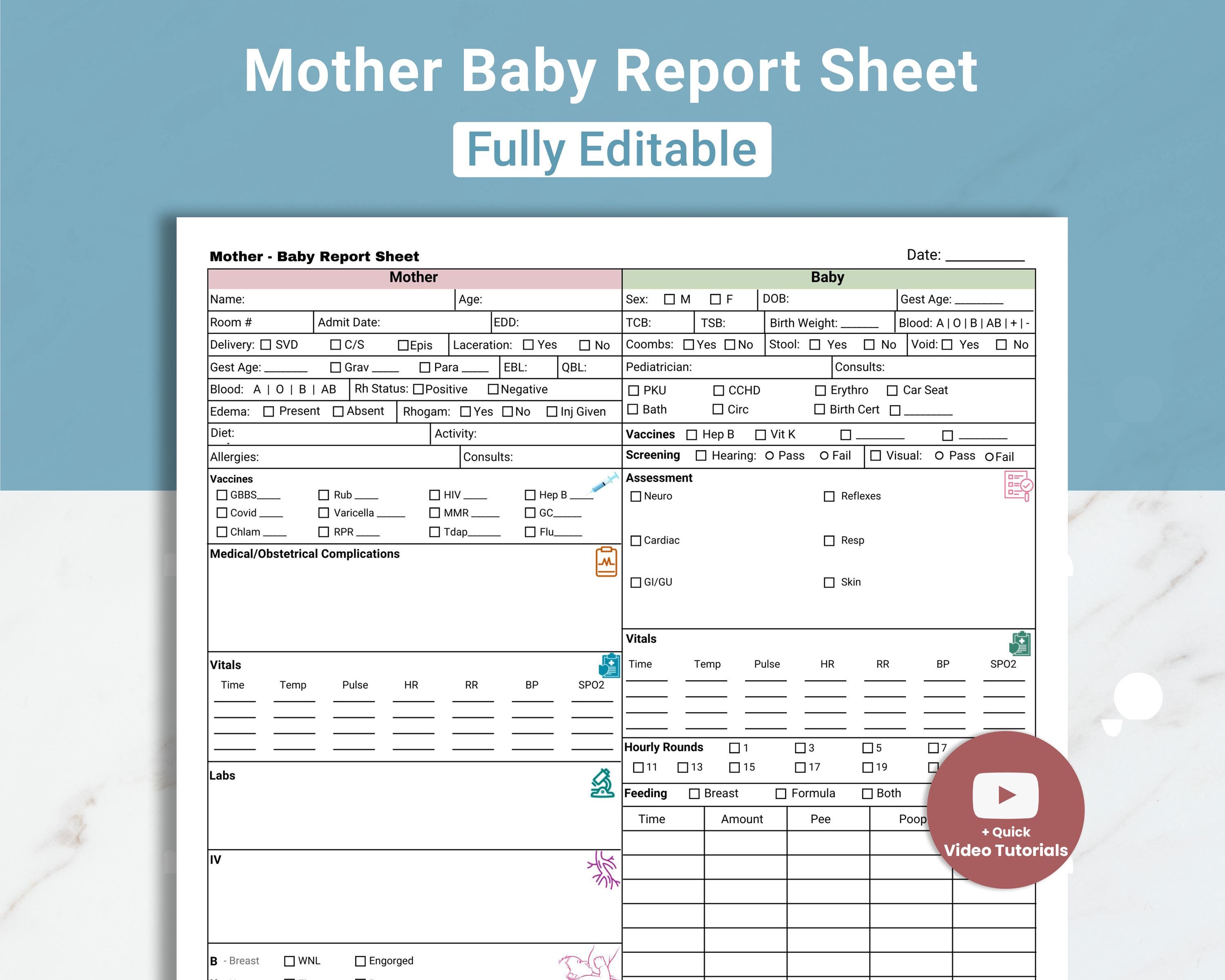 Editable Mother Baby Nurse Report Sheet Medsurg | Postpartum Nursing Report Sheet Nurse Shift Handoff | Labor and Delivery Nurse Brain Sheet