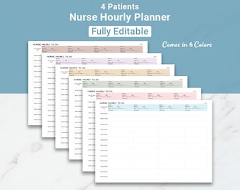 Puede incluir: Seis páginas de planificador horario para enfermeras imprimibles en diferentes colores: rosa, azul claro, verde, beige, morado y melocotón. Cada página tiene un encabezado que dice "Nurse Hourly To Do" y está diseñada para hacer un seguimiento de cuatro pacientes. El planificador incluye columnas para el nombre del paciente, el número de habitación, la edad, las alergias y las tareas horarias.