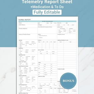 以下が含まれることがあります： 「Telemetry Report Sheet +Medication & To Do Fully Editable」のテキストが入った、白と青のテレメトリーレポートシート。患者の背景、バイタルサイン、投薬、メモのセクションが含まれています。