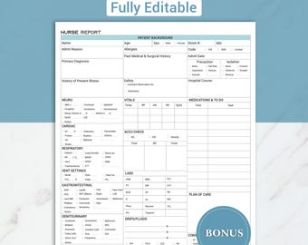 Editable Cardiac Nurse Report Sheet Telemetry Nurse Brain Report Sheet Med Surg Nursing Shift Report SBAR Nurse W/ Vent Setting, Canva & PDF