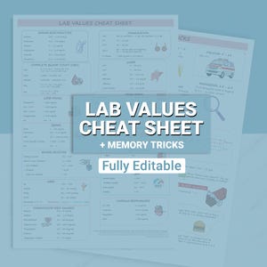 May include: A printable cheat sheet with lab values and memory tricks. The cheat sheet includes sections for serum electrolytes, complete blood count (CBC), lipid panel, renal, blood glucose, therapeutic drug ranges, and cardiac biomarkers. The cheat sheet is fully editable.