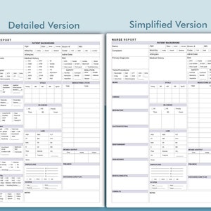 May include: A printable nurse report form with two versions: a detailed version and a simplified version. The form includes sections for patient background, primary diagnosis, tests and procedures, neuro, cardiac, respiratory, gastrointestinal, genitourinary, skin, wounds, musculoskeletal, consults, and notes.