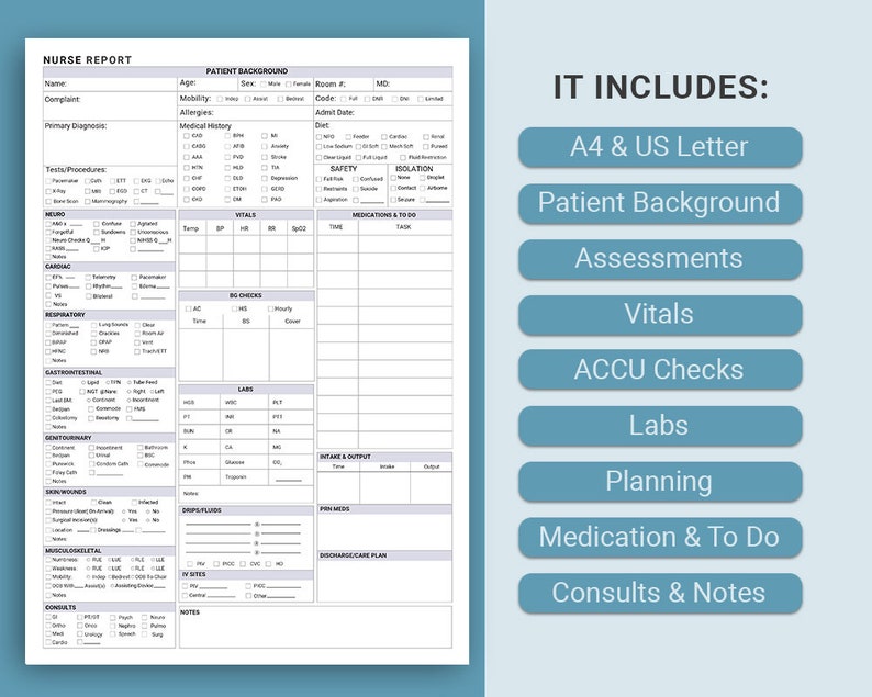 May include: A printable nurse report form with sections for patient background, assessments, vitals, ACCU checks, labs, planning, medication and to do, and consults and notes. The form is designed for use in a medical setting.