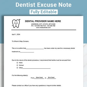 Nota de excusa editable para dentista Plantilla de excusa del doctor Nota del médico para el trabajo y la escuela Nota de excusa para atención de urgencia Nota del doctor Canva, MS Word, Google Docs