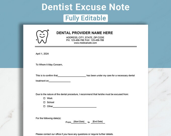 Editable Dentist Excuse Note Dr Excuse Template Doctor's Note for Work ...