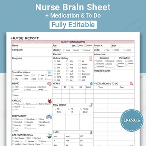 Bewerkbaar rapportblad IC-verpleegkundige Med Surg, verpleegkundige rapportblad verpleegkundige hersenen New Grad, rapportblad RN-patiëntrapport met meds, canva en pdf