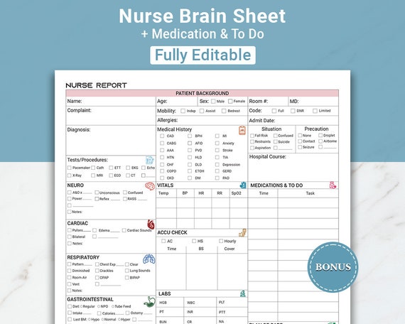 Editable ICU Nurse Report Sheet Med Surg, Nursing Report Sheet Nurse Brain New Grad, Report Sheet RN Patient Report W/ Meds, Canva & PDF