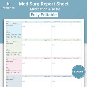 May include: A printable medical report sheet for tracking patient information. The sheet includes sections for patient name, age, room number, admission reason, diagnosis, medications, vital signs, and notes. The sheet is designed for use by medical professionals and is fully editable.