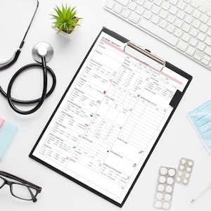 May include: A white nurse report form on a clipboard with a black binder clip. The form has sections for patient information, vital signs, medications, and care plan. There are also some colorful icons on the form. The form is on a white surface with a stethoscope, a keyboard, a face mask, a thermometer, and some pills.