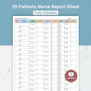 Może przedstawiać: Biały, w pełni edytowalny arkusz raportu pielęgniarskiego z tytułem "20 Patients Nurse Report Sheet". Formularz zawiera sekcje na dane pacjenta, historię, aktywność, poziom tlenu, funkcje życiowe i leki. Widoczny jest przycisk samouczka wideo.