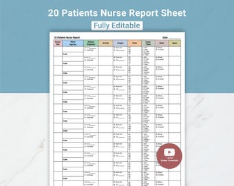 Op de afbeelding: Een wit, volledig bewerkbaar verpleegkundig rapportblad met de titel "20 Patients Nurse Report Sheet". Het formulier bevat secties voor patiëntgegevens, geschiedenis, activiteit, zuurstofgehalte, vitale functies en medicijnen. Een video-tutorialknop is zichtbaar.