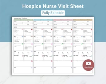 May include: A printable hospice nurse visit sheet with the title "Hospice Nurse Visit Sheet" and the text "Fully Editable" at the top. The sheet is divided into sections for patient information, vitals, and notes. A video tutorial button is in the bottom right.