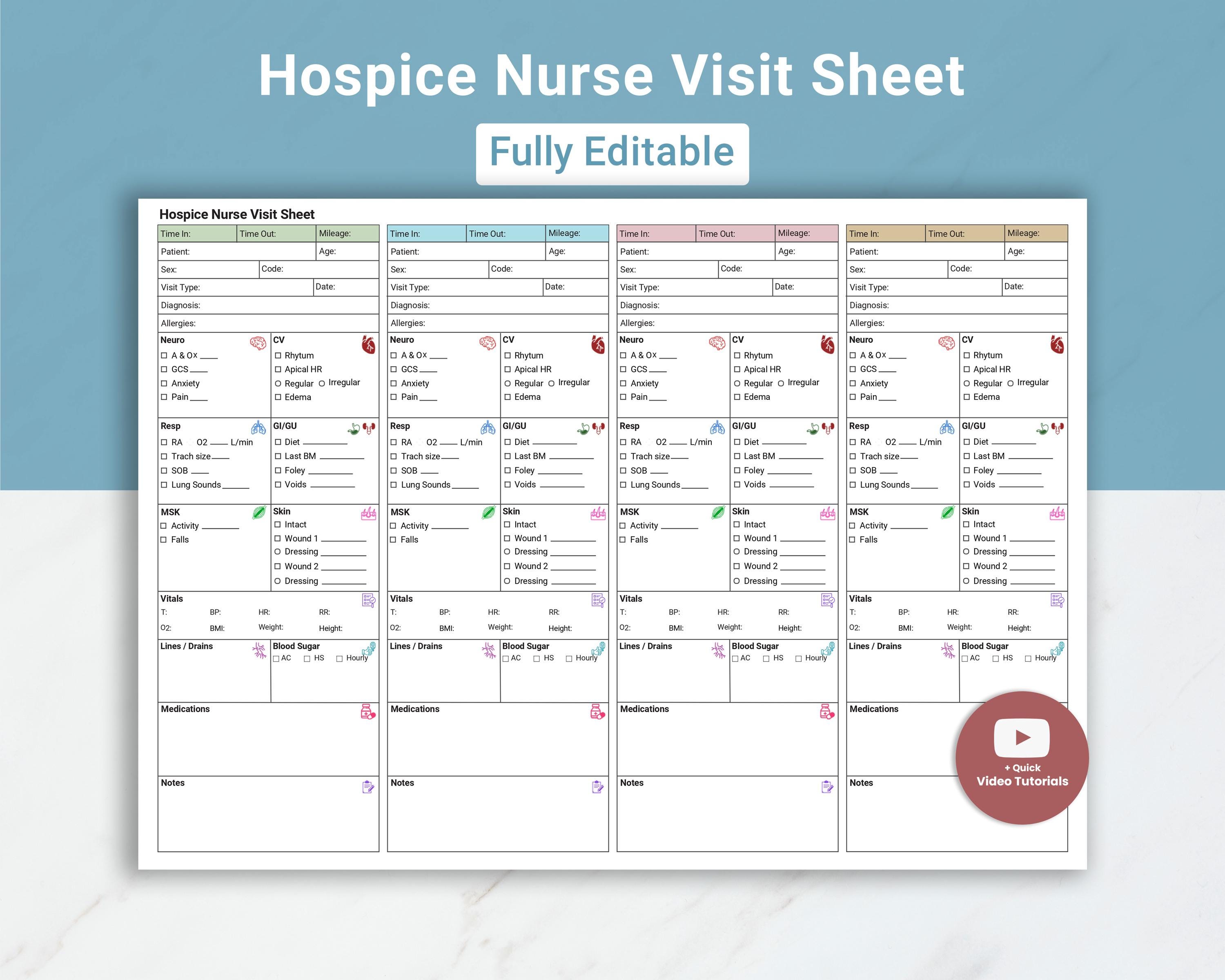 Editable Hospice Nurse Visit Sheet | Nurse Report Sheet Hospice Visit ...