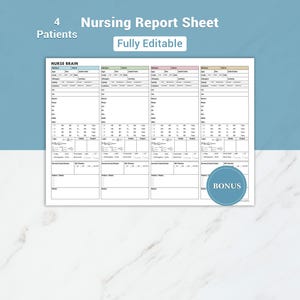 Può includere: Un foglio di referto infermieristico bianco con sezioni per quattro pazienti. Il foglio include campi per i segni vitali, i farmaci e le note. Il testo sul foglio recita "Nursing Report Sheet", "Fully Editable" e "Bonus."