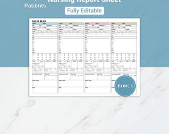 Editable Med Surg Nursing Brain Sheet 4 Patients Nurse ER Report Sheet ICU Nurse Shift Hand Off Report Sheet RN W/ Meds, Labs & Hourly To Do