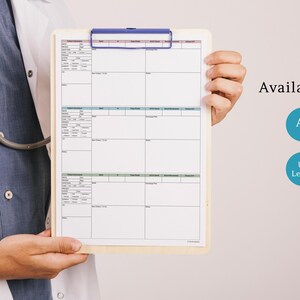 May include: A clipboard with a blue clip holds a white paper with a grid layout. The paper has several columns and rows with text. The text "Available In" is displayed next to two blue circles with the text "A4" and "US Letter".