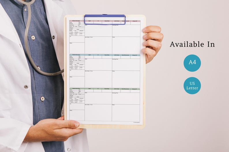 May include: A clipboard with a blue clip holds a white paper with a grid layout. The paper has several columns and rows with text. The text "Available In" is displayed next to two blue circles with the text "A4" and "US Letter".