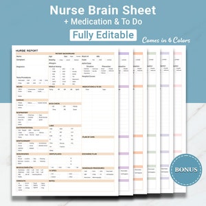 May include: A printable nurse brain sheet template in six different colours. The sheet includes sections for patient background, vital signs, medication and to do, labs, plan of care, discharge plan, scheduled procedures, and more. The template is fully editable.