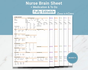 May include: A printable nurse brain sheet template in six different colors. The sheet includes sections for patient background, vital signs, medication and to do, labs, plan of care, discharge plan, scheduled procedures, and more. The template is fully editable.